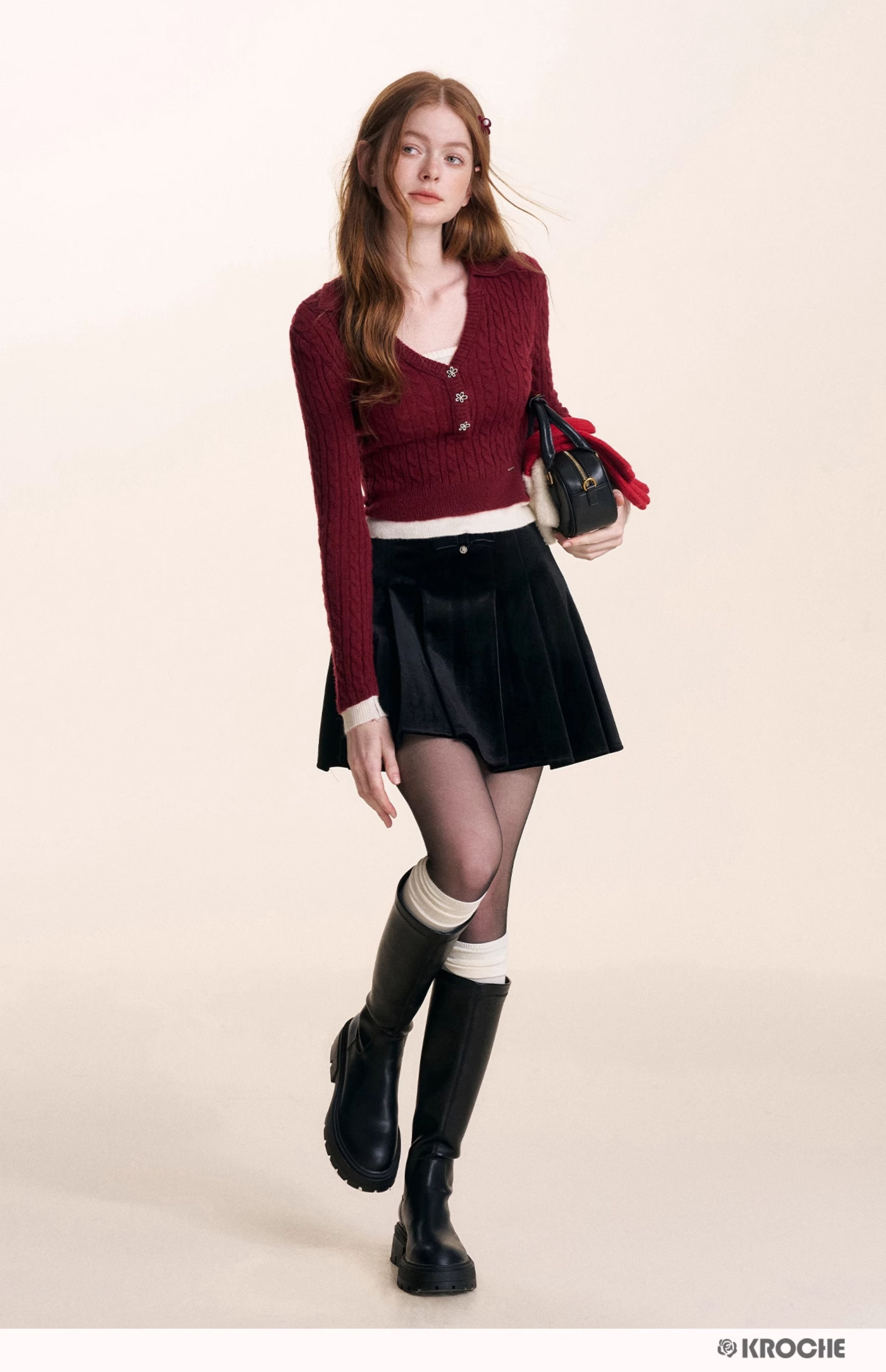 KROCHE Velvet A-line pleated midi skirt with gentle bow for night