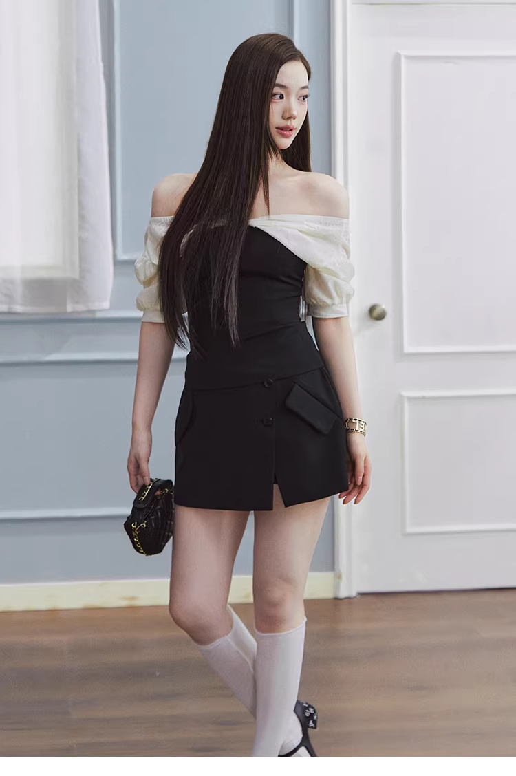 LaLuneDuCiel Two-piece shirt without shoulder straps, puffed sleeves, tight fit, sweet and gentle design for women