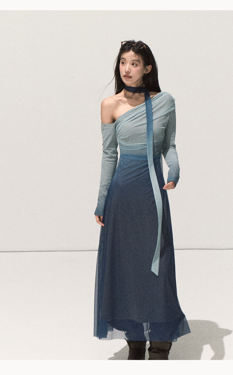 "Plant Aura" Oakmoo Gradient Stretch Off-the-Shoulder Long Sleeve Bodycon Dress