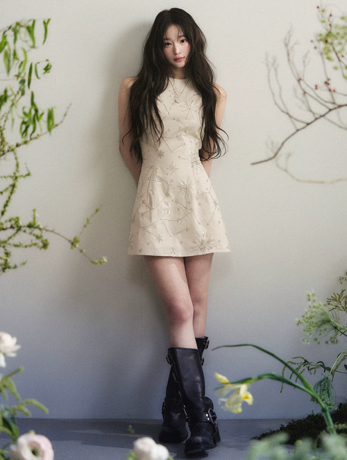 1P STUDIO Apricot halter neck dress with elaborate beaded embroidery for women, slim summer fit, sleeveless short dress that flatters the figure.