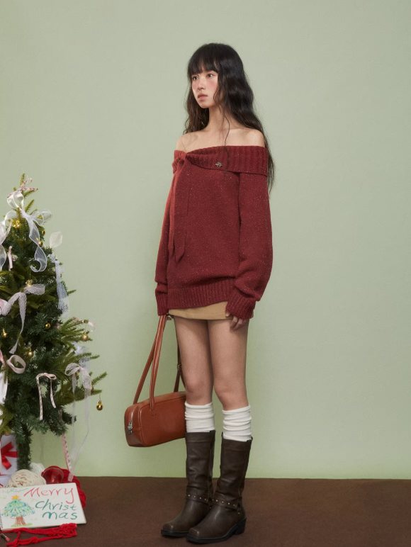 WEEKENDHUB Red Off-Shoulder Sweater for Women, New Autumn/Winter 2024 Style, Comfortable, Premium Sweater for Christmas.