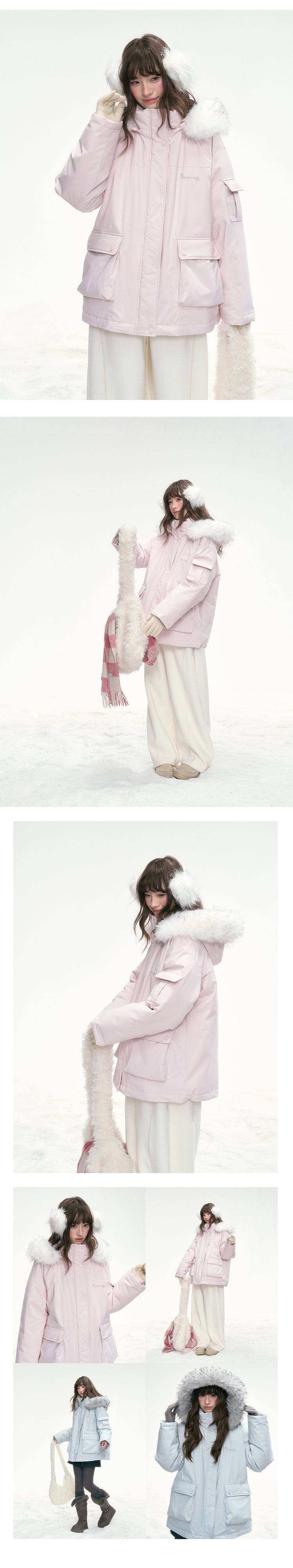 CANSTOREGIRLS Canned Goods Store 'Winter Love Song' Hooded Parka with Detachable Fur Collar, 90pcs White Duck Down Jacket