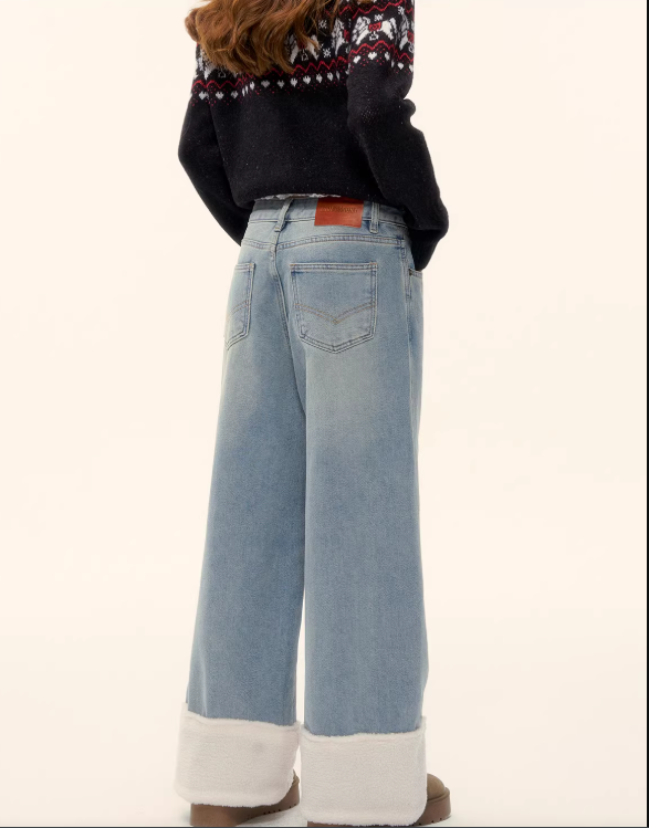 AsGony wide-leg straight jeans with fleece lining at the hem - Wide fit, flattering, comfortable, versatile, fleece-lined long pants.