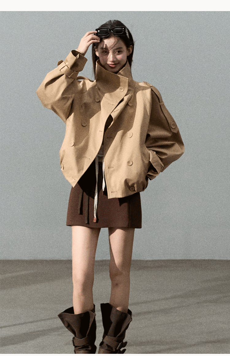 Oakmoo "Through the Oak Woods" Short Double-Breasted Lyocell Cotton Stand Collar Trench Coat