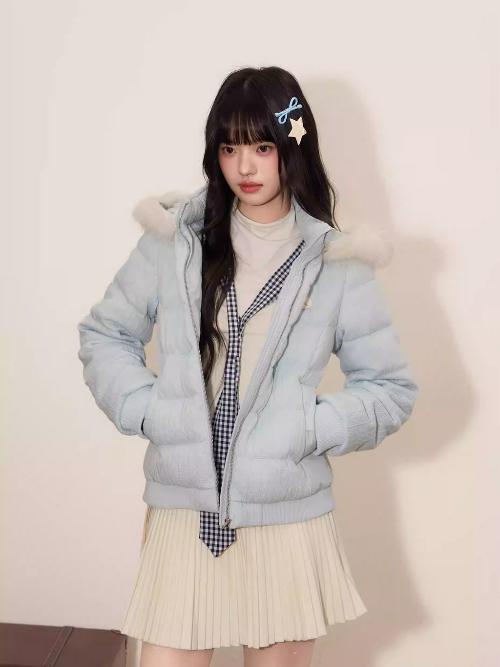 UMOUMO [90% white duck down] Soft and versatile Mushroom down jacket, cable knitted, multi-piece combination, hood, fur collar, slim waist.