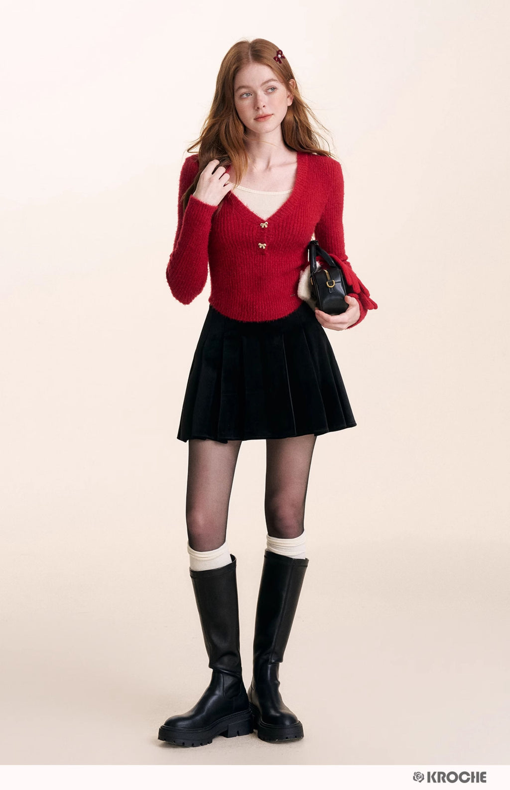 KROCHE Velvet A-line pleated midi skirt with gentle bow for night