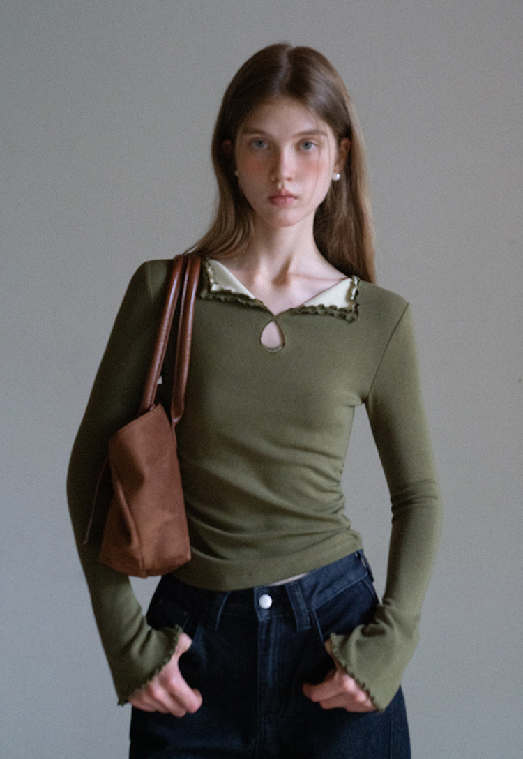 EGGKA Women's long-sleeved V-neck T-shirt with colored trim, new autumn design, slim fit, elegant waistline (sale)