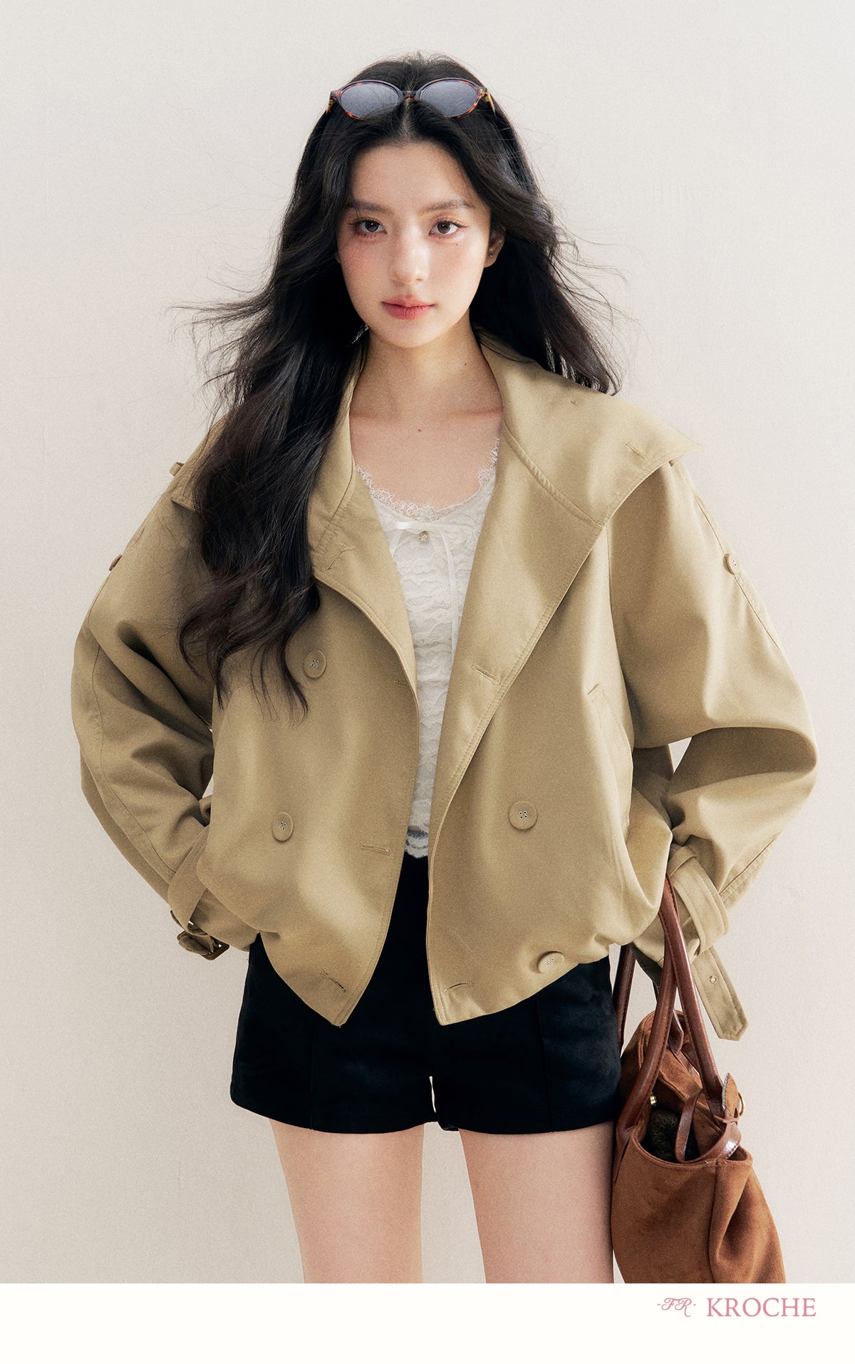 KROCHE Loose-fitting short trench coat, large lapels, double-breasted, loose-fitting, comfortable