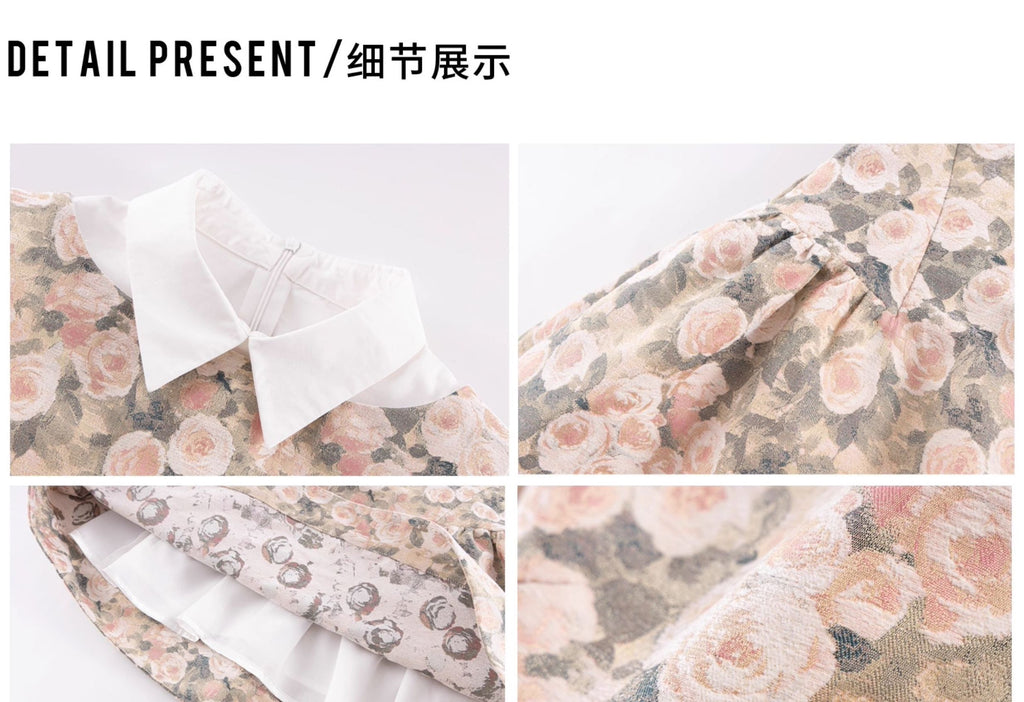 Women's classic autumn-winter style sleeveless shirt collar dress with rose pattern, high-waist flowing vest dress RECIT
