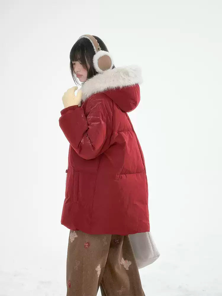 CANSTOREGIRLS New Winter Box Shop Christmas Women's Red Fur Collar Hooded Warm Coat 90% White Duck Down Coat