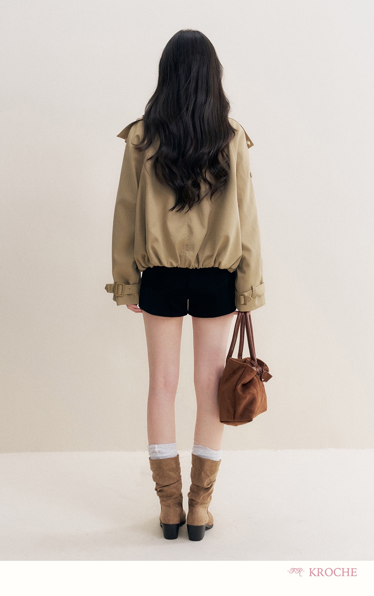 KROCHE Loose-fitting short trench coat, large lapels, double-breasted, loose-fitting, comfortable