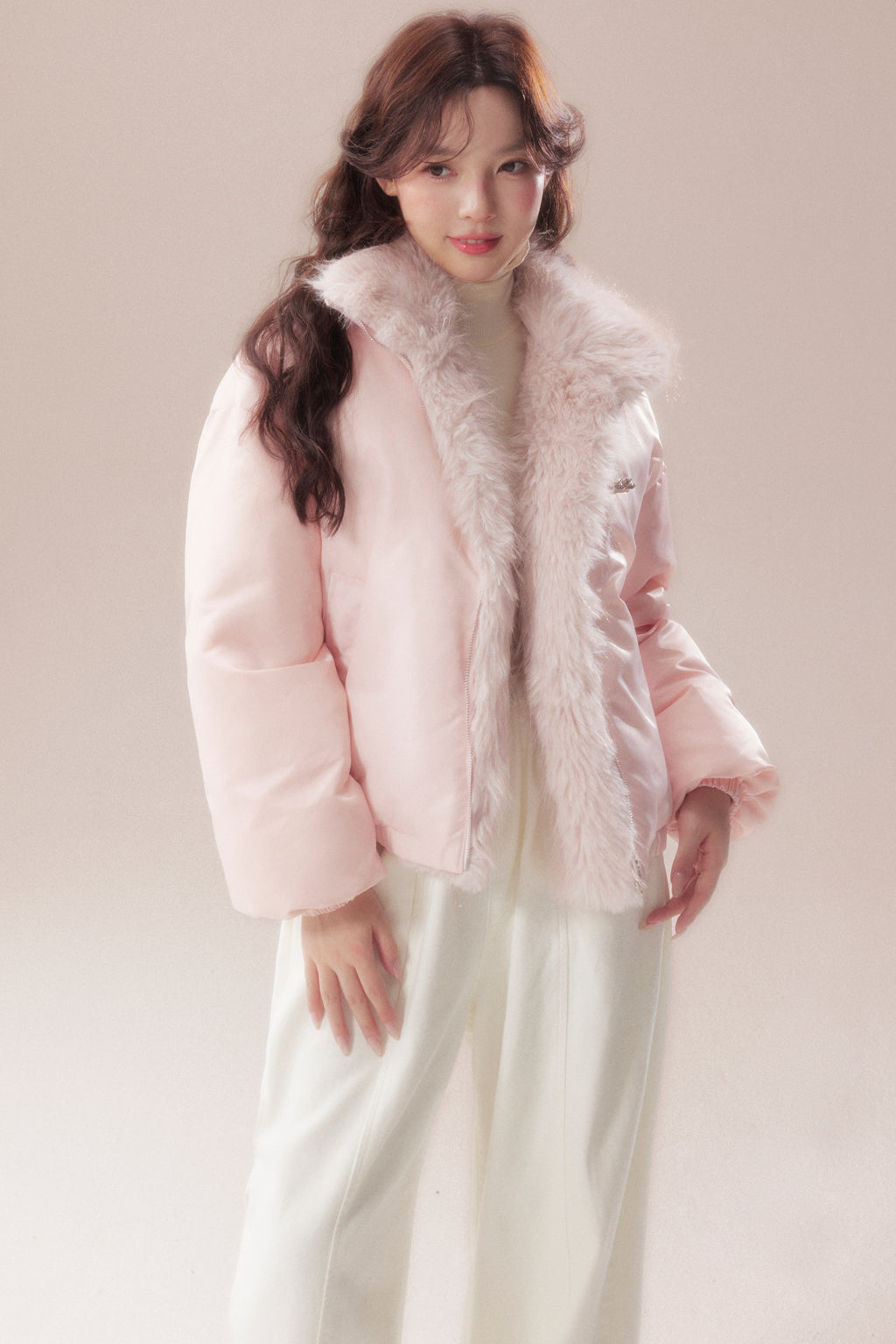 AOORAA 【Winter New Arrival】Original Design Patchwork Fleece Jacket "Cherry Blossom Snow"