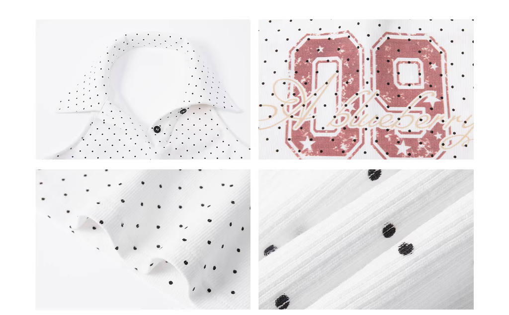 ABLUEBERRY off-shoulder sweatshirt with blueberry print, similar to Pei Jiaxin's style, and a polka dot sporty tank top for women, Spring/Summer 2026 collection.