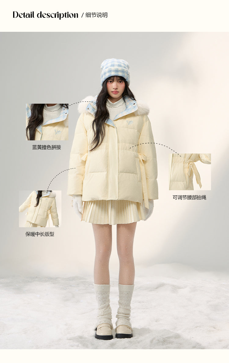 UMOUMO [90% White Duck Down] Mushroom Sweet Waist Slimming Two-Way Placowork Patchwork Down Jacket with Hood and Detachable Fur Collar