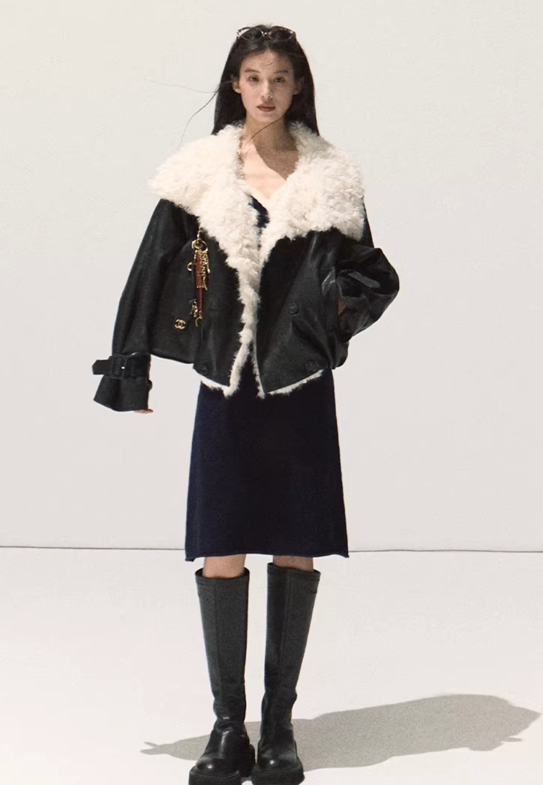 OAKMOO OAKMOO Short Fleece Leather Jacket / "A Night Under the Osmanthus Tree" for Women, Thick Lapel Collar Parka for Winter