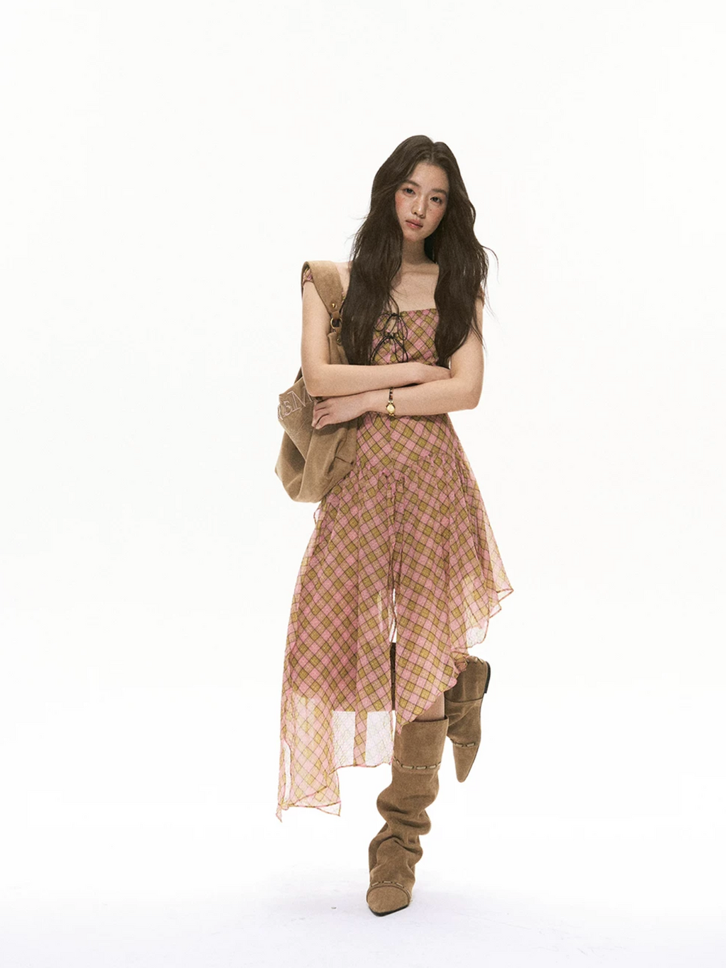 SOOLROK Puffy chiffon dress with checkered pattern and bow tie with two irregular straps