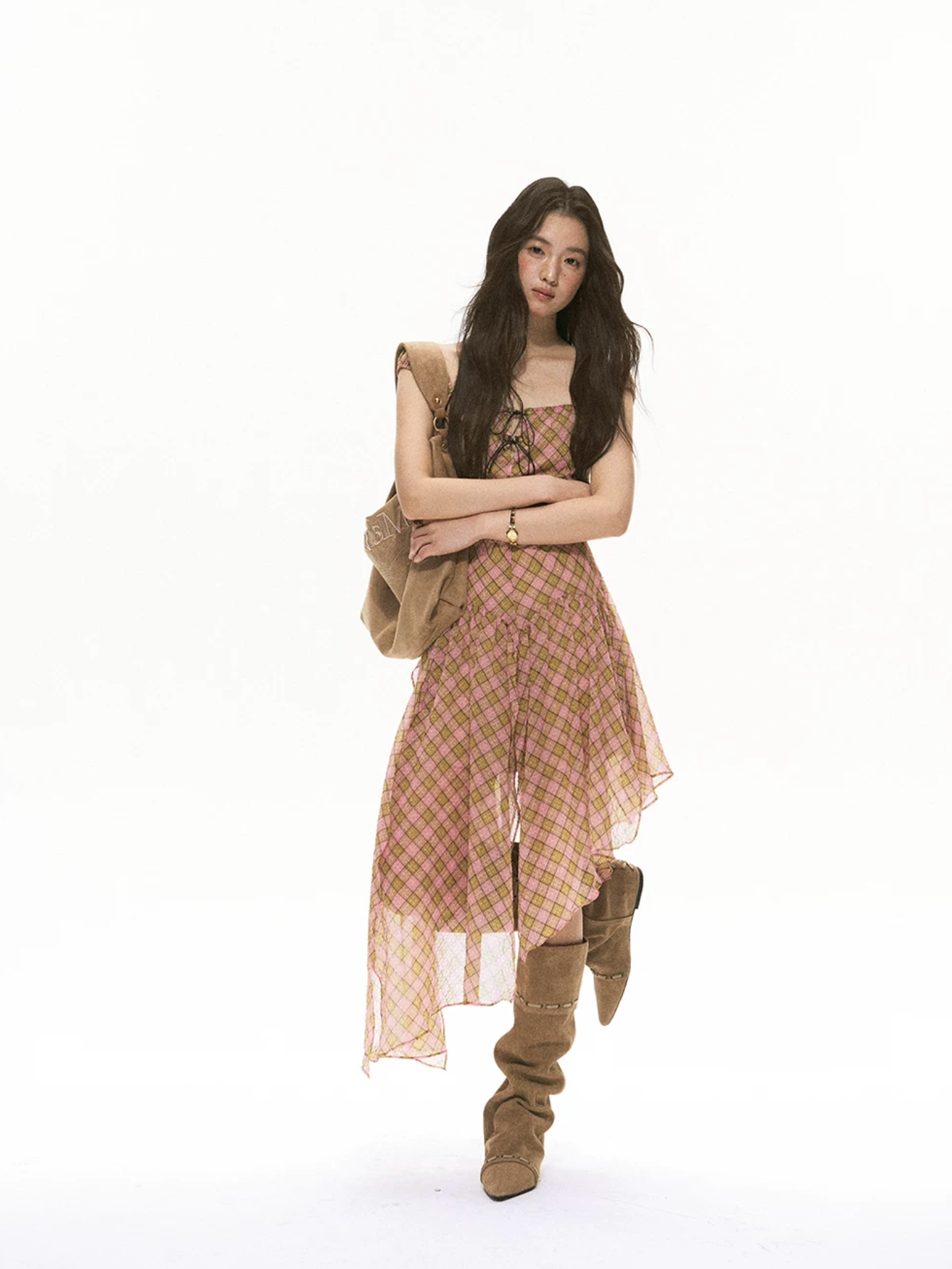 SOOLROK Puffy chiffon dress with checkered pattern and bow tie with two irregular straps