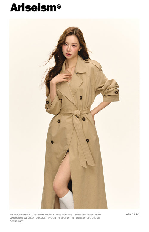 Ariseism autumn women's classic double-breasted khaki-colored double-breasted medium-length windbreaker jacket