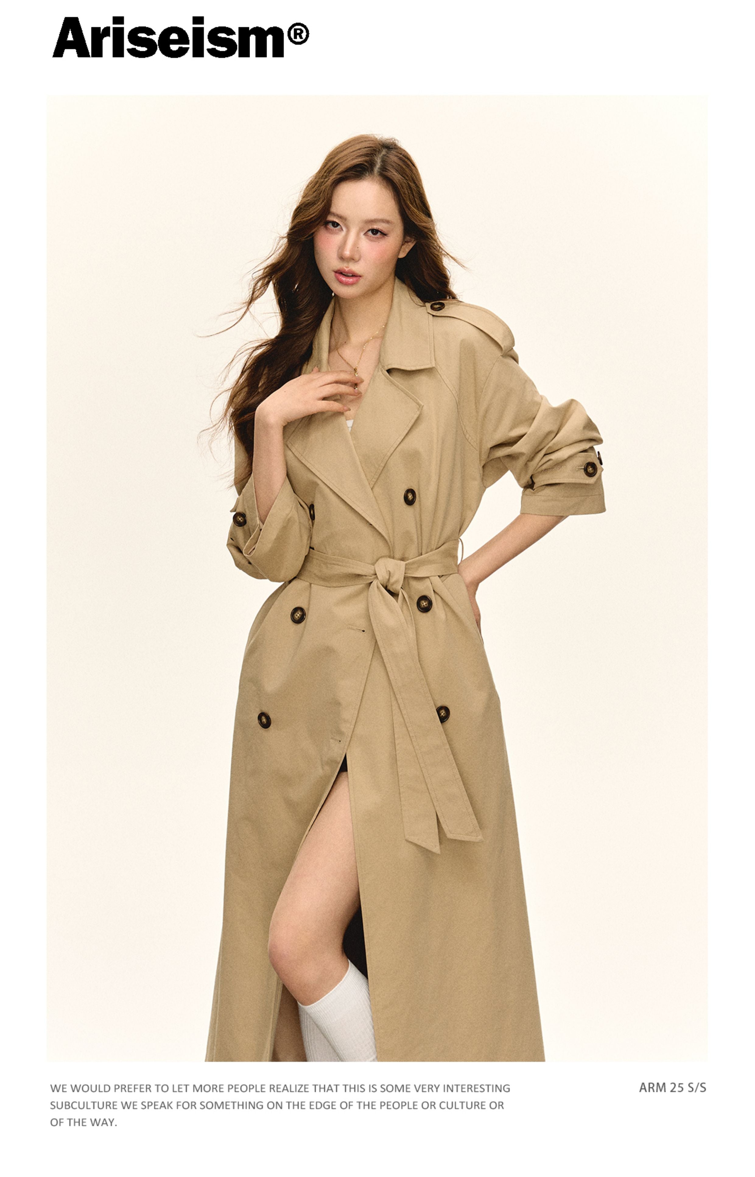 Ariseism autumn women's classic double-breasted khaki-colored double-breasted medium-length windbreaker jacket