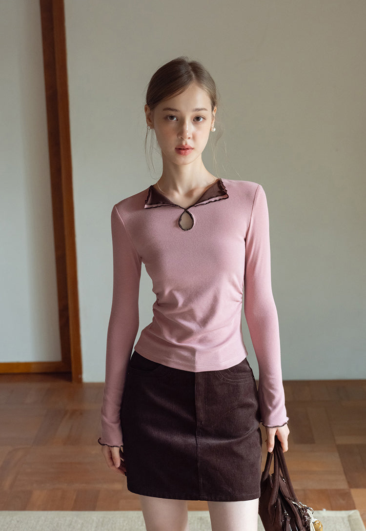 EGGKA Women's long-sleeved V-neck T-shirt with colored trim, new autumn design, slim fit, elegant waistline (sale)