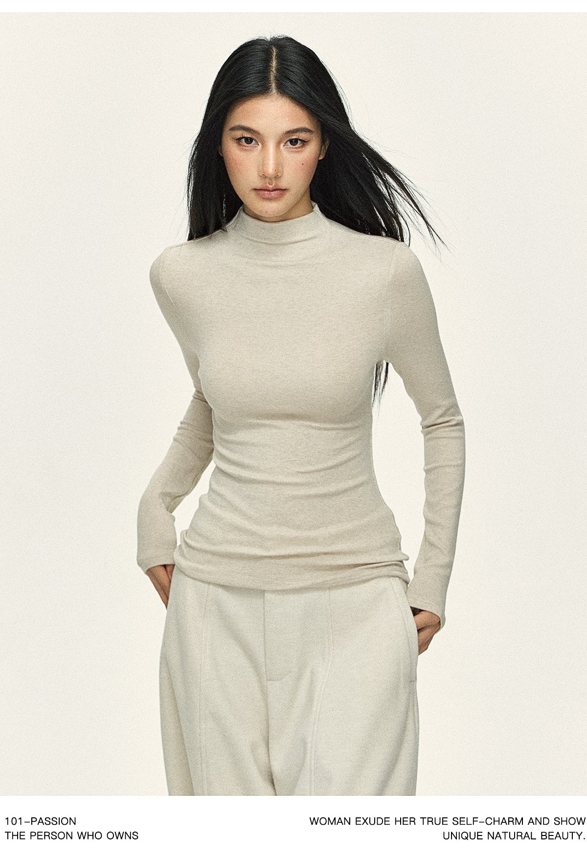 101PASSION Women's Tencel Wool High Neck T-Shirt, Fall/Winter, Solid Color, Slim Fit, Long Sleeves