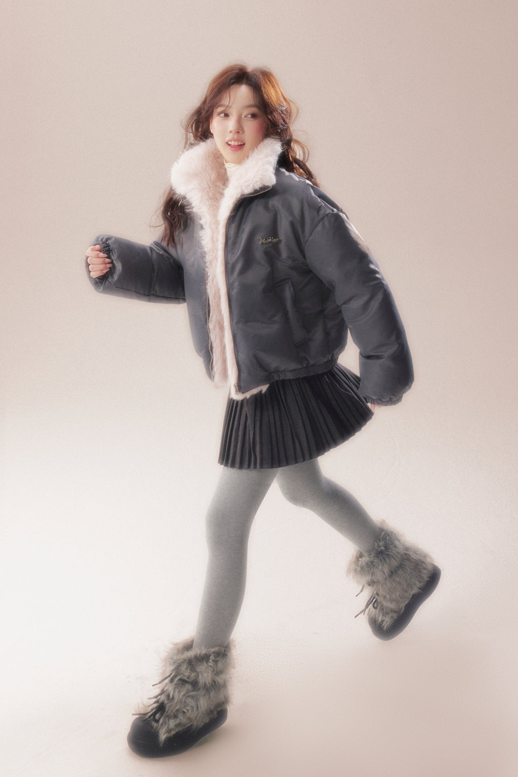 AOORAA 【Winter New Arrival】Original Design Patchwork Fleece Jacket "Cherry Blossom Snow"