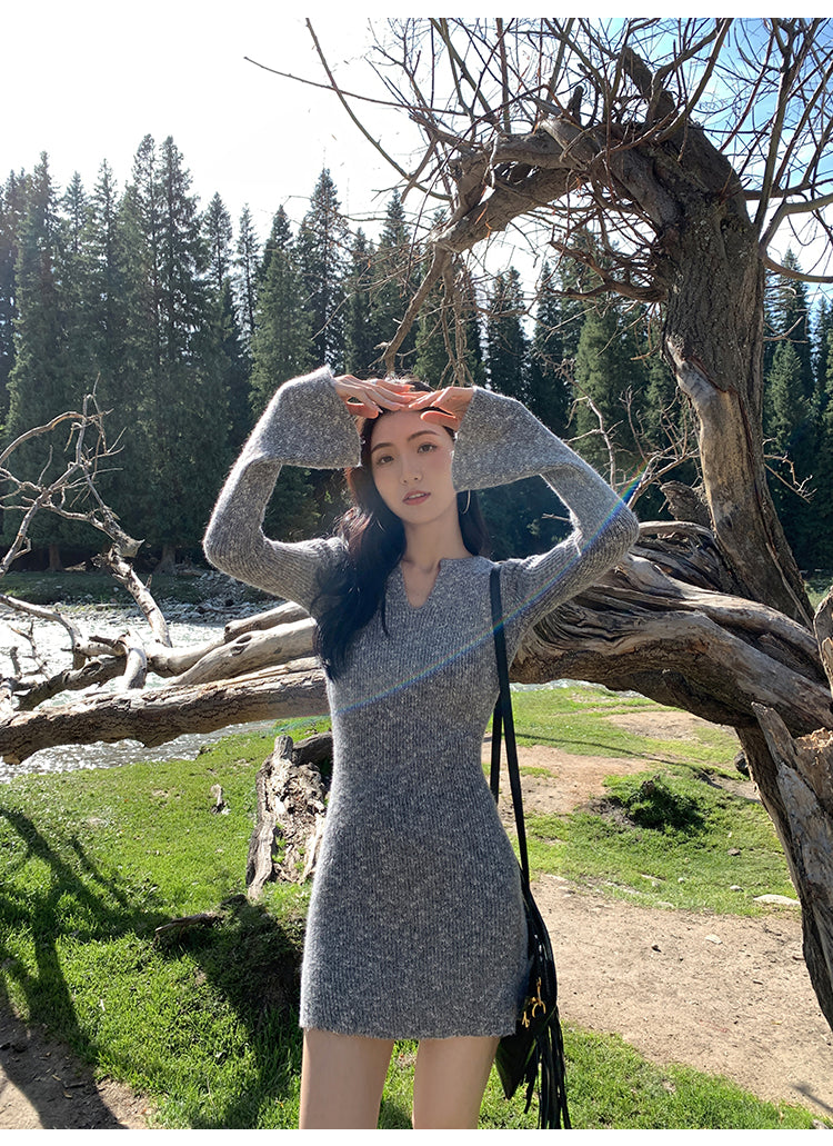 MULVAN MULVAN Women's Sexy V-Neck Sweater Dress, Fall/Winter, Slim Fit, Waistband, Bodycon Mini Skirt