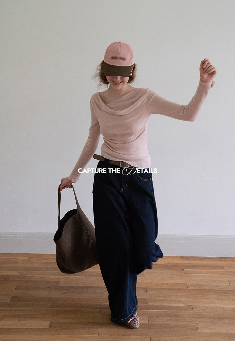 EGGKA Women's Pink French Style Off-the-Shoulder Long Sleeve Sweater, perfect for fall, makes you slim and elegant.