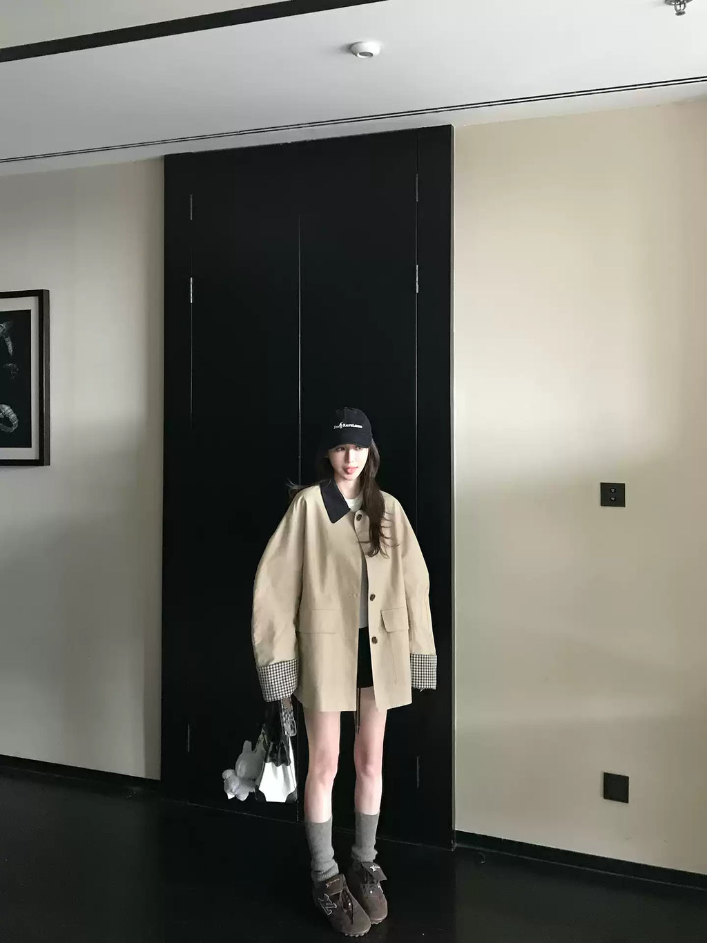 SKK High quality khaki jacket with multi-color plaid pattern, short and loose fit, autumn style for women.