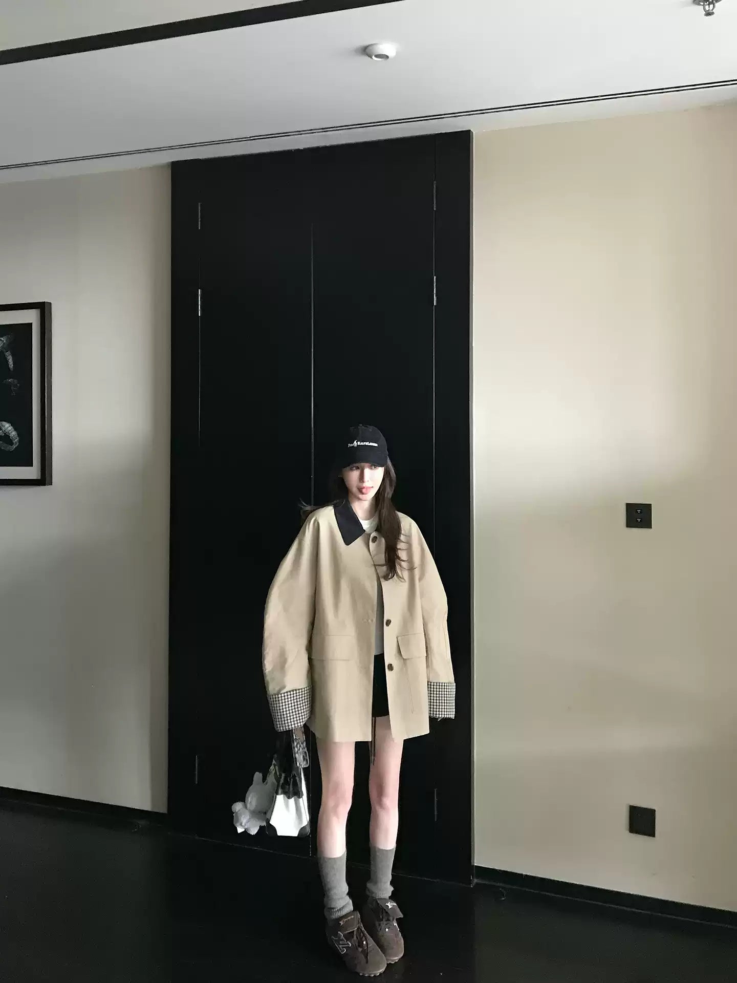 SKK High quality khaki jacket with multi-color plaid pattern, short and loose fit, autumn style for women.