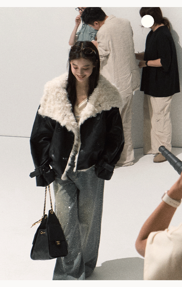 OAKMOO "One Night Osmanthus Tree" Women's Soft Fleece Short Leather Jacket Thick Lapel Winter