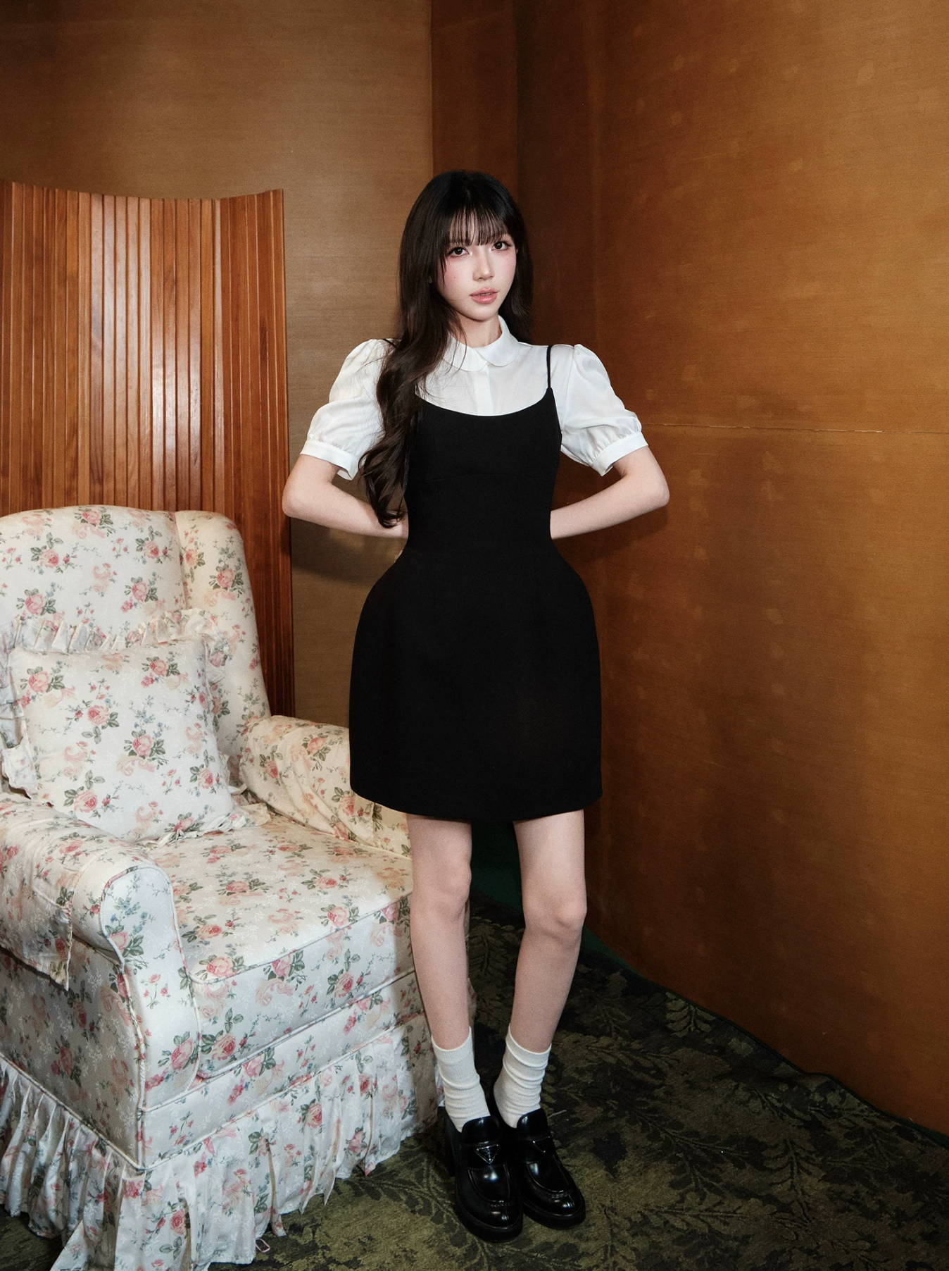 AVENEMENT Short-sleeved acetate collared/collared shirt, small French round neck shirt, camisole, women's dress.