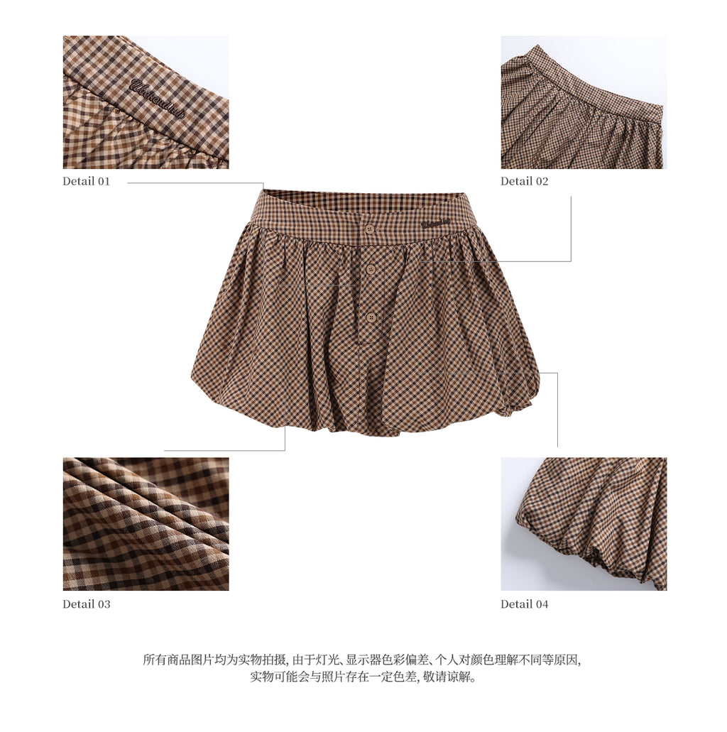 WEEKENDHUB チューリップブラウンチェックスカート、2025年新作デザイン、秋の女性のための美しいAラインスカート