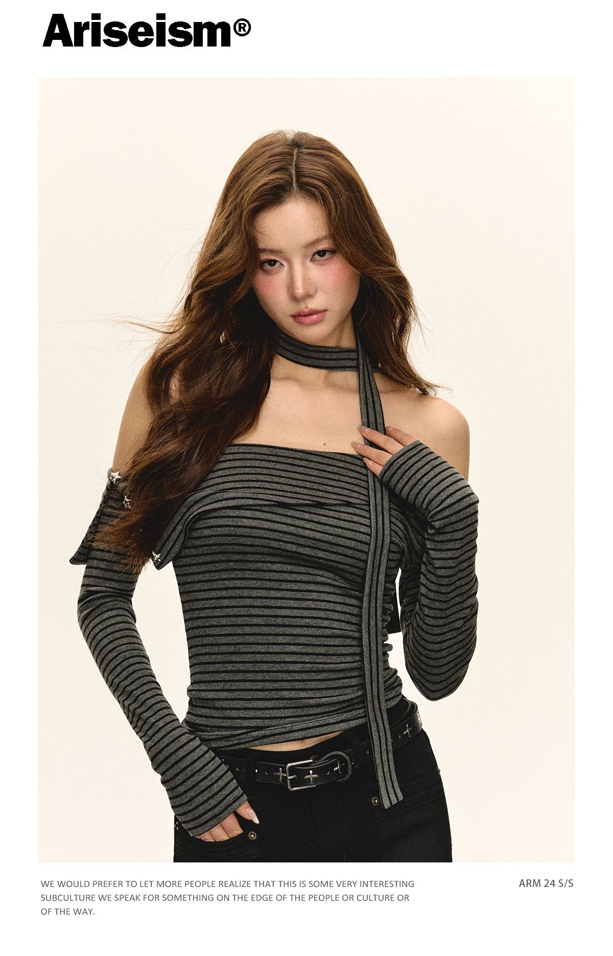 Ariseism American fashion autumn winter black striped off-the-shoulder long-sleeved t-shirt for women