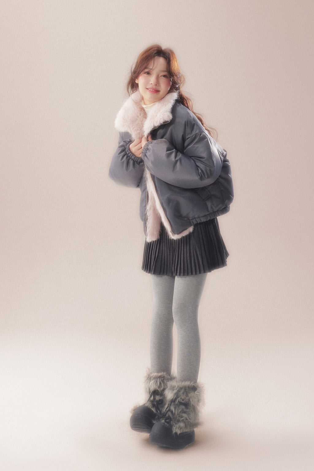 AOORAA 【Winter New Arrival】Original Design Patchwork Fleece Jacket "Cherry Blossom Snow"