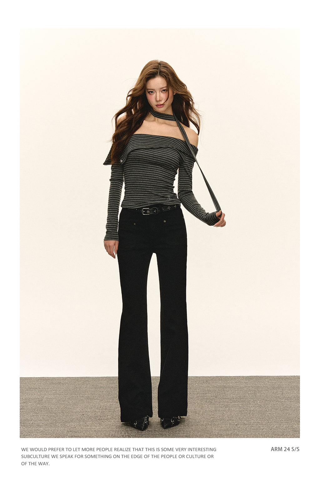 Ariseism American fashion autumn winter black striped off-the-shoulder long-sleeved t-shirt for women