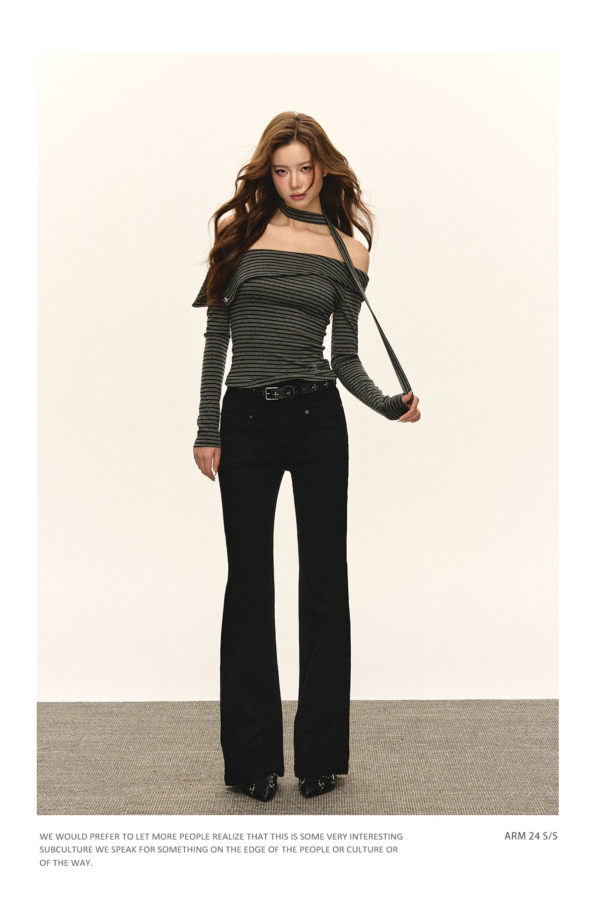 Ariseism American fashion autumn winter black striped off-the-shoulder long-sleeved t-shirt for women
