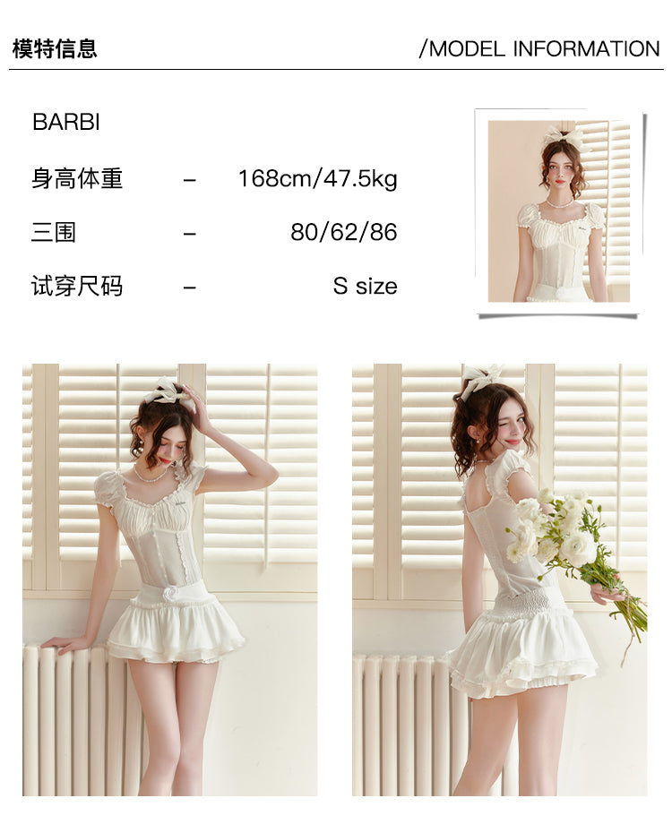 "Wind Chimes Waiting for You After Class" - A-line dress and skirt set with puff sleeves and lace, perfect for summer student style.