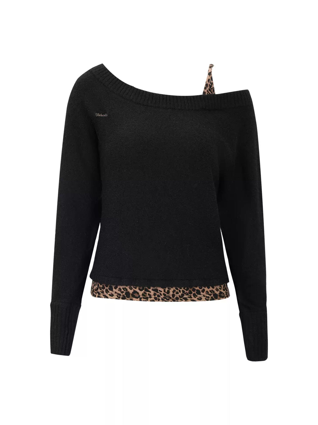 WEEKENDHUB レディース ワンショルダー ストラップレス 長袖 レオパード柄 ツーピース ニットセーター 柔らかく暖かい 秋