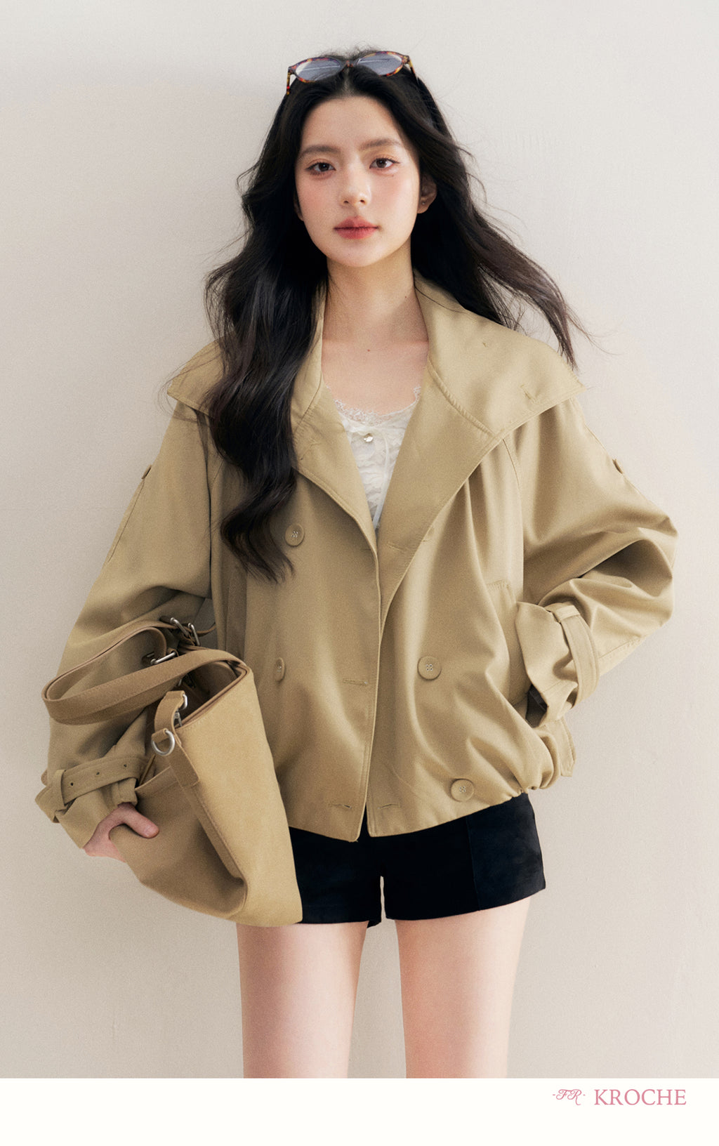 KROCHE Loose-fitting short trench coat, large lapels, double-breasted, loose-fitting, comfortable
