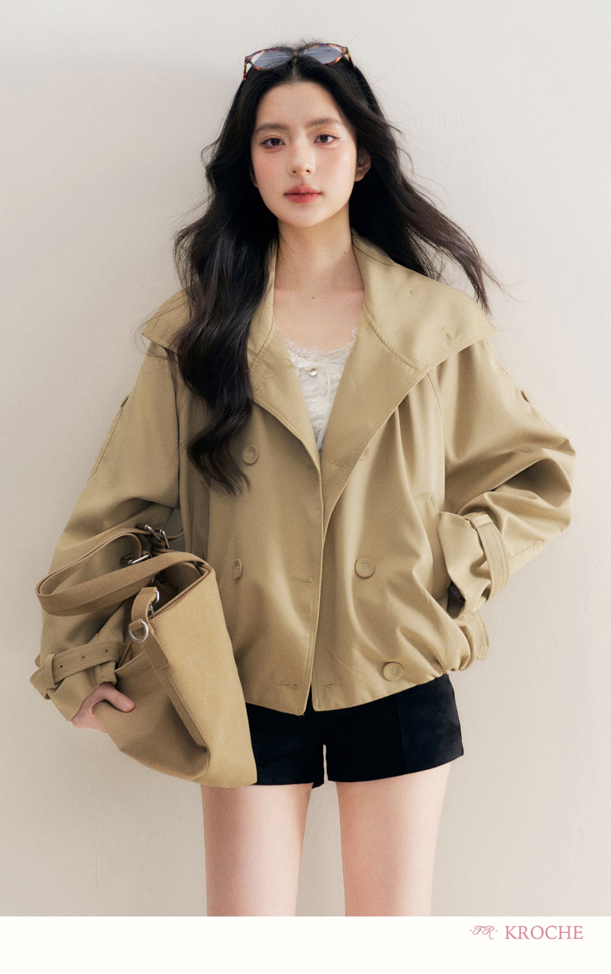 KROCHE Loose-fitting short trench coat, large lapels, double-breasted, loose-fitting, comfortable