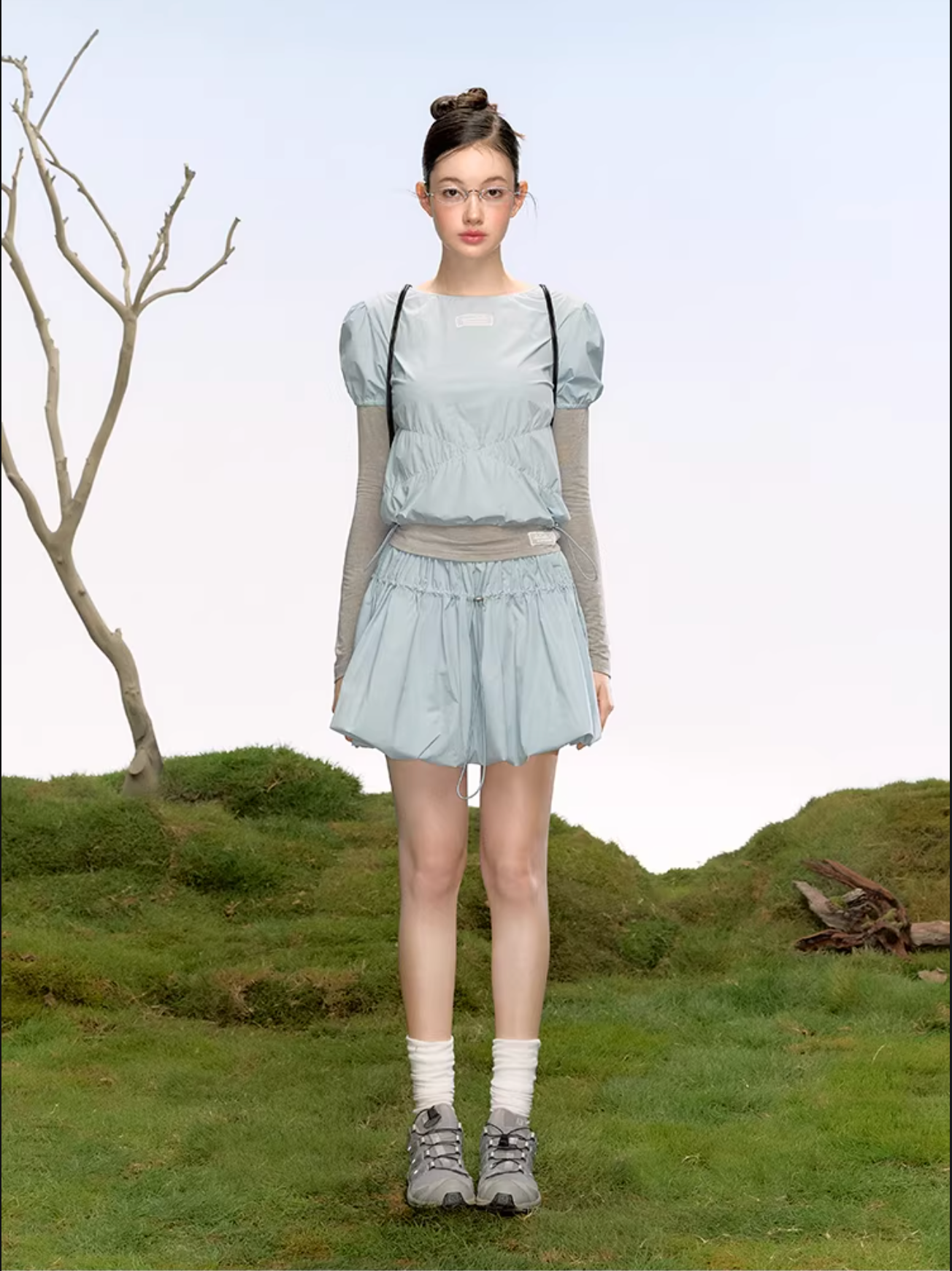LaluneDuCiel Elegant and youthful puff-sleeved short-sleeved T-shirt for women, solid color, suitable for summer wear.