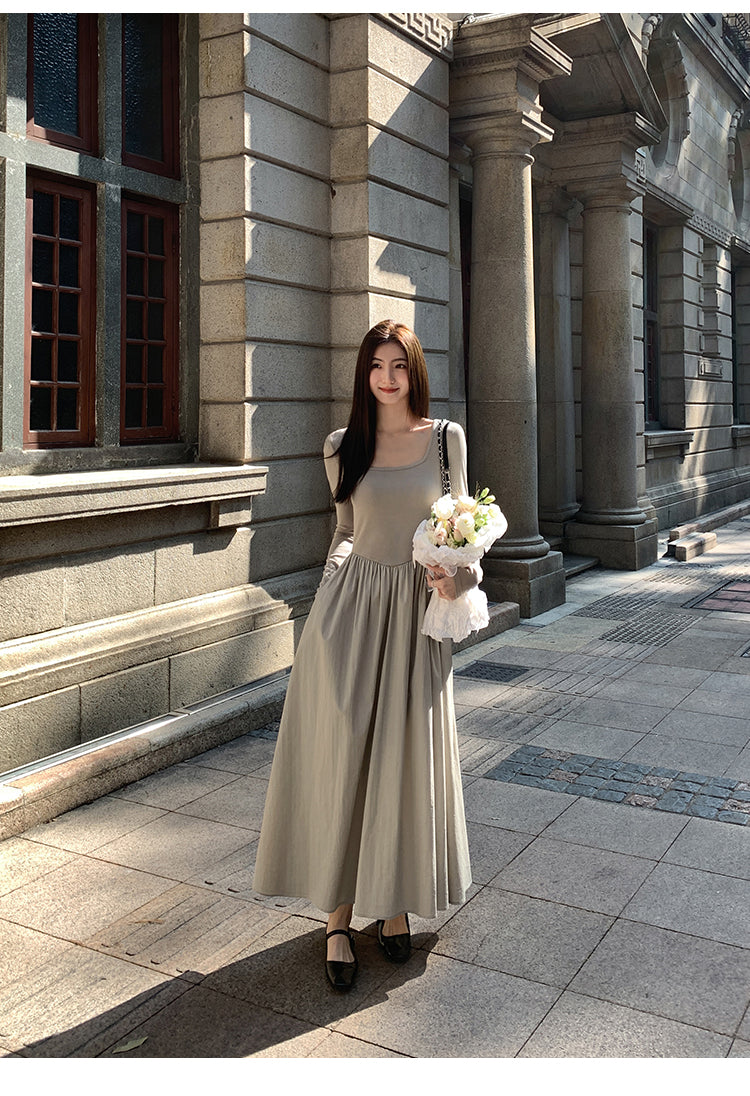 Mulvan High Quality French Style Women's Square Neck Long Sleeve Knit Dress