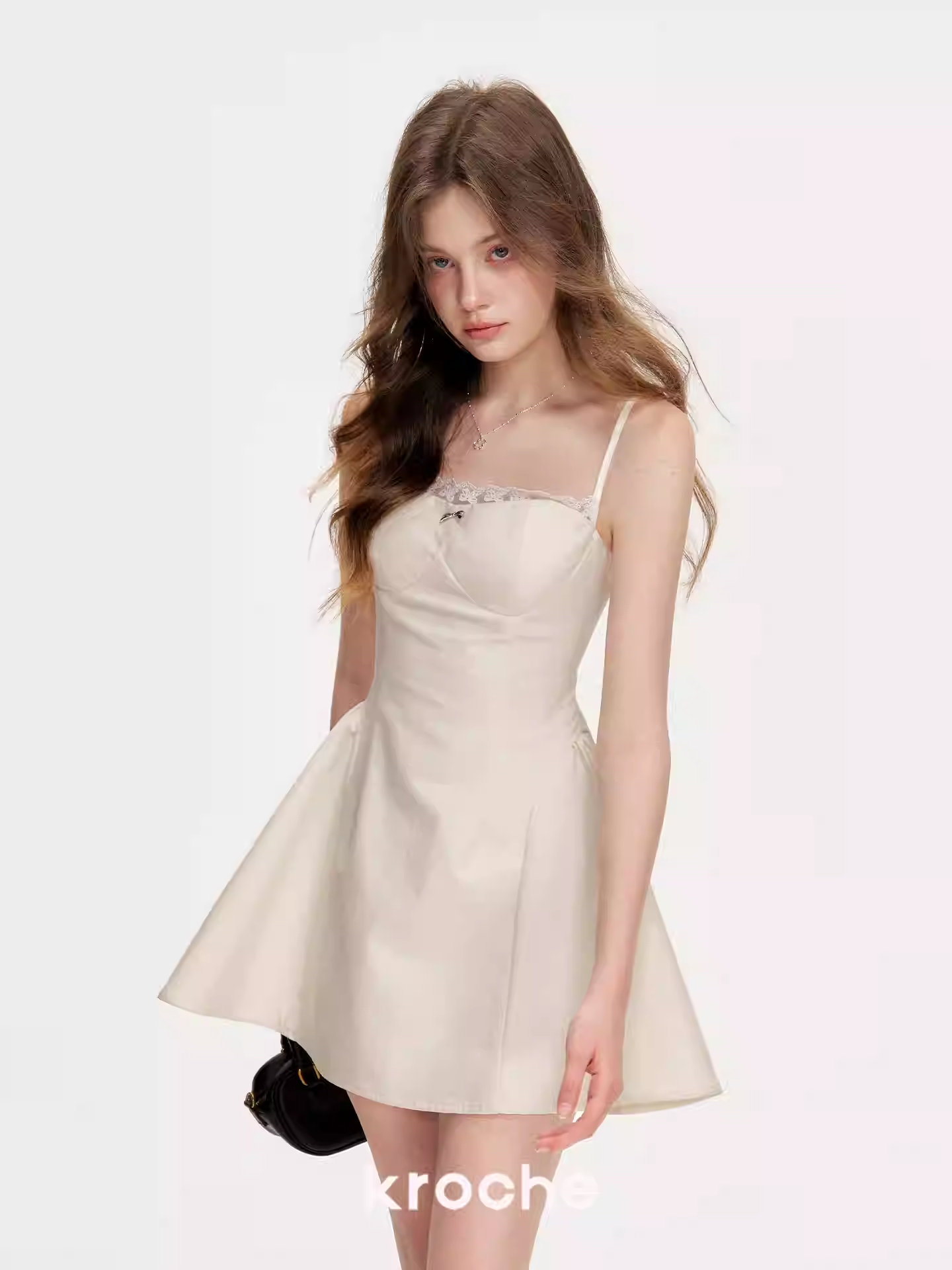 KROCHE Short A-line dress with pleated waist, romantic French lace 26SS