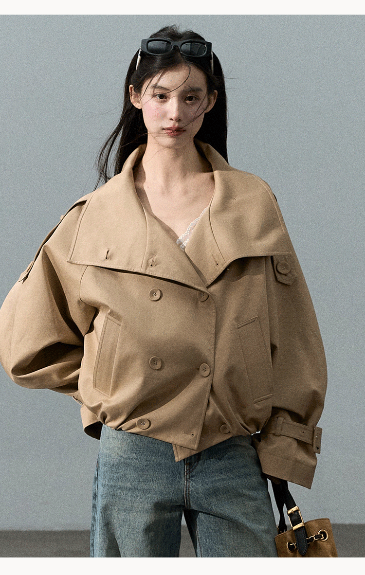 Oakmoo "Through the Oak Woods" Short Double-Breasted Lyocell Cotton Stand Collar Trench Coat