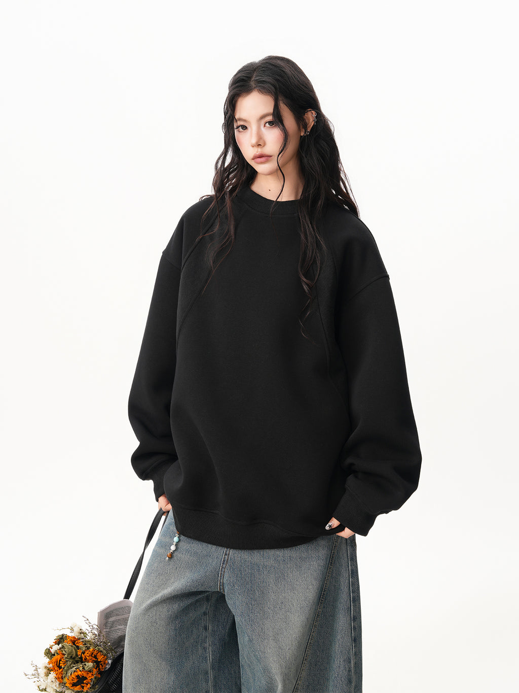 BWKA Thick cotton round neck sweatshirt, stitching for men and women, premium solid color t-shirt, loose fit, casual for couples