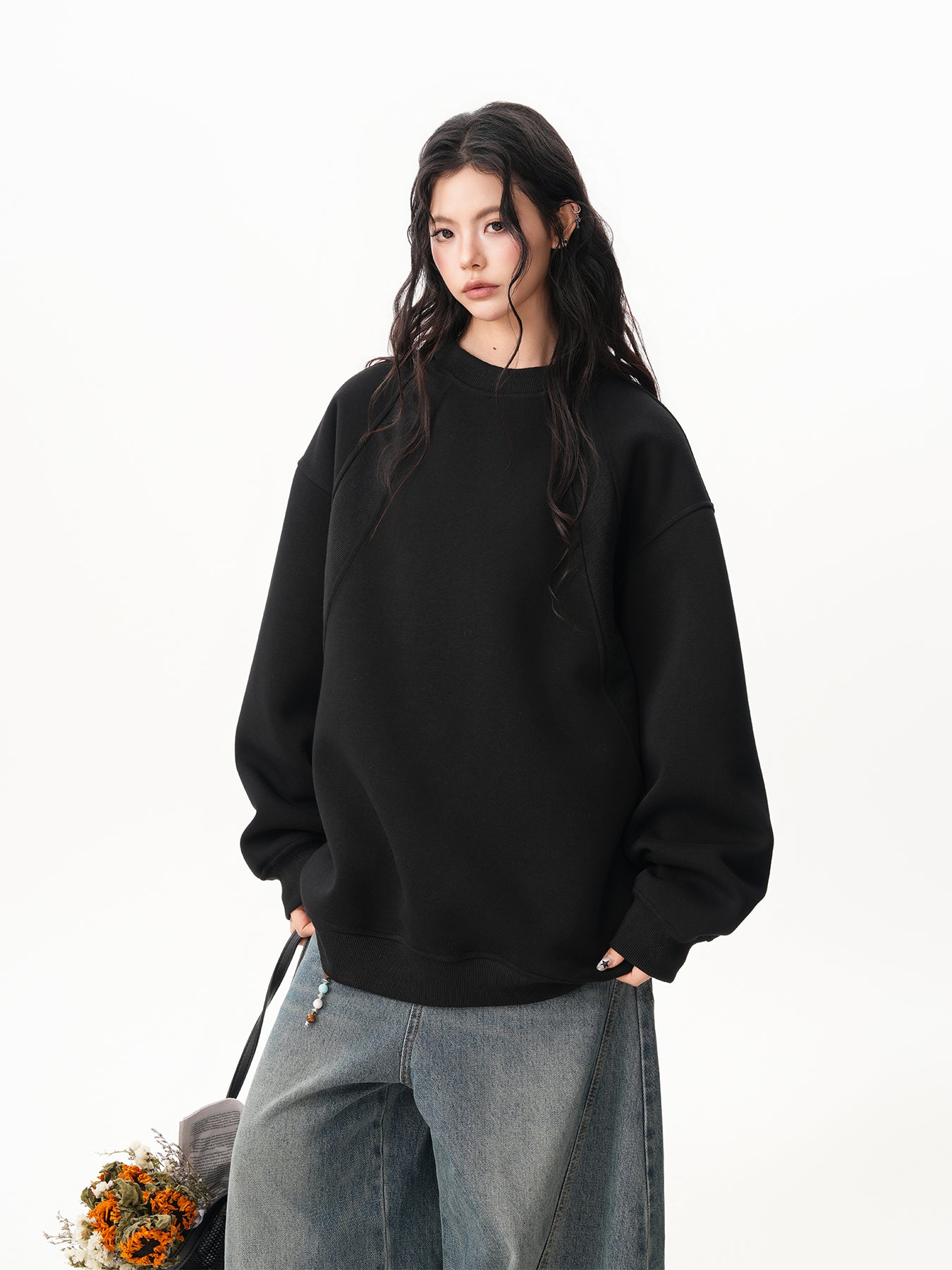 BWKA Thick cotton round neck sweatshirt, stitching for men and women, premium solid color t-shirt, loose fit, casual for couples