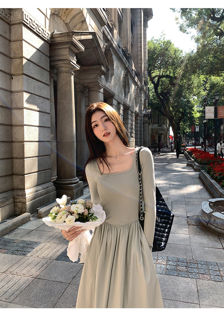 Mulvan High Quality French Style Women's Square Neck Long Sleeve Knit Dress