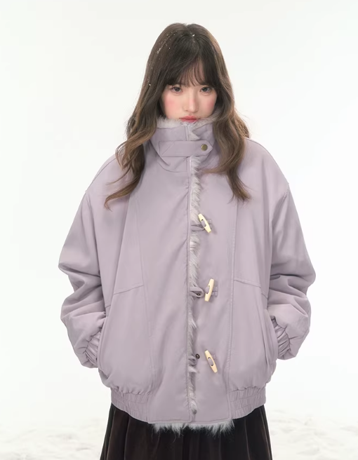 CANSTOREGIRLS Canned Goods 'Caramel Taro Milk Puff' stand-collar winter coat with horn buttons, made of cotton and PU leather, short style.