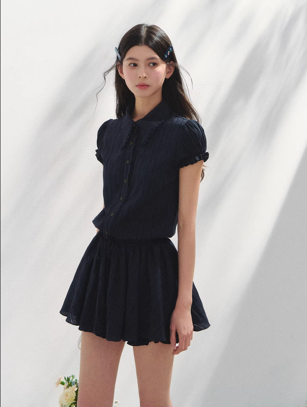 SUNSETPARK Student-style navy blue short-sleeved shirt dress